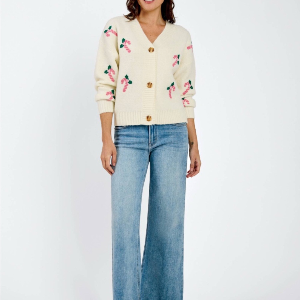 Pink Candy Canes Button-Up Cardigan in Ivory